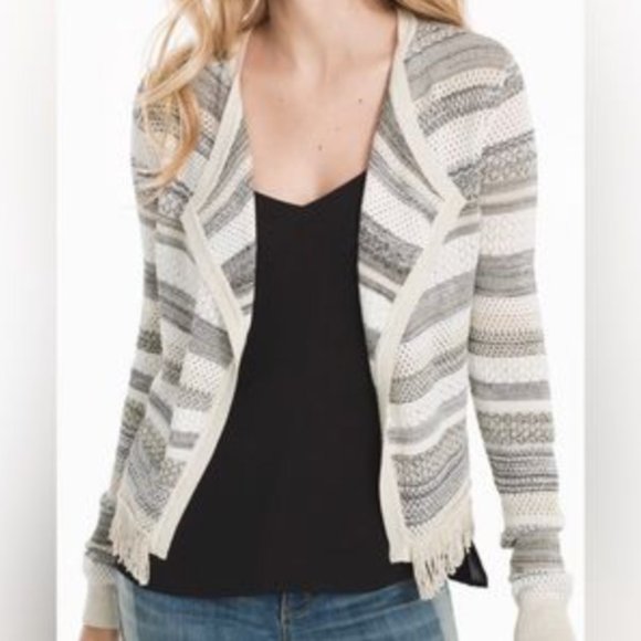 WHBM Knit Striped Open Front Cardigan with Gold Fringe | Coastal Grandmother - Picture 1 of 13